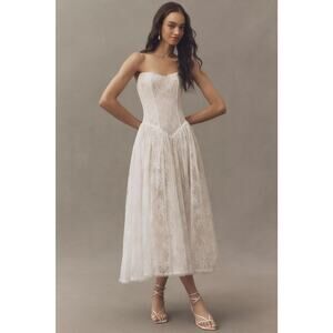 Watters Serge Strapless Basque-Waist Lace Midi Wedding Gown Dress Sz 0 NWT